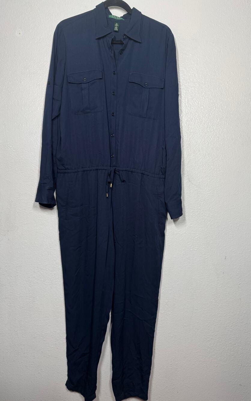 Lauren Ralph Lauren Utility Jumpsuit Navy Blue Sz 18 Drawstring Waist